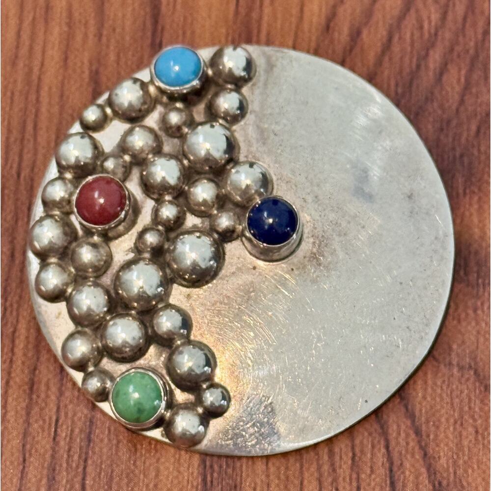 Vintage Taxco Sterling Silver Brooch Pin 925 T-57 CARSI Turquoise Coral Lapis 3”